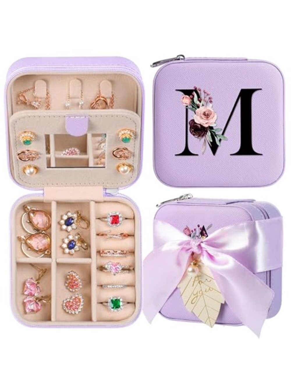 Floral Initial Travel Jewelry Box PU Leather Organizer Case Mirror Gift Women